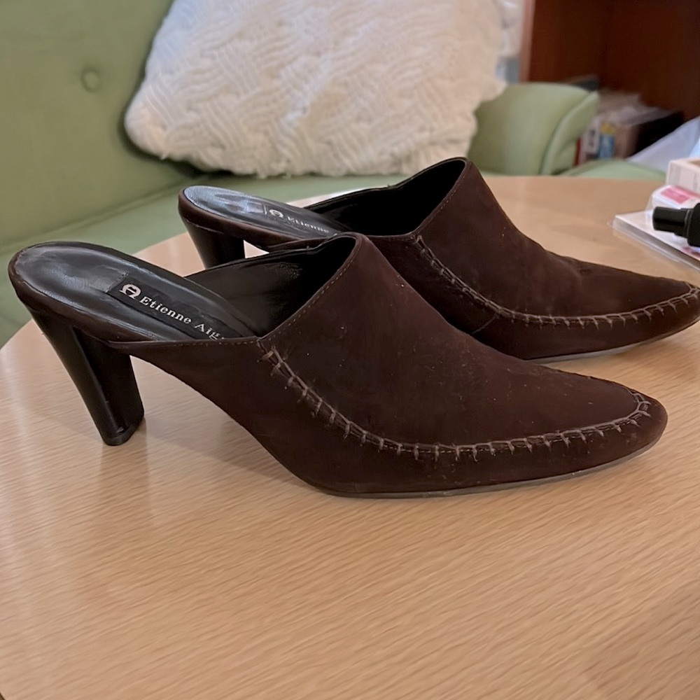 Etienne Aigner Leather Cajun Slides Heels Suede